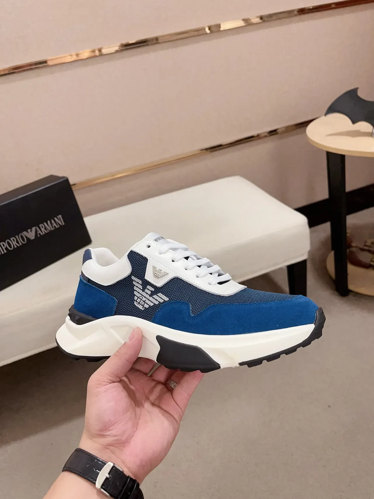 Emporio Armani Blue White Chunky Platform Sole Mixed Suede And Mesh Upper Lifestyle Sneakers 4