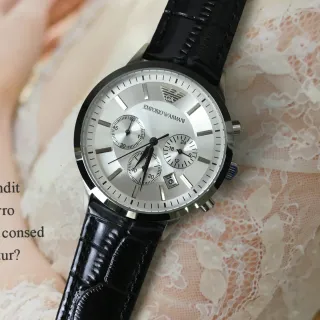 Emporio Armani क्रोनोग्राफ चाँदी डायल काला लेदर पट्टी क्वार्ट्ज घड़ी