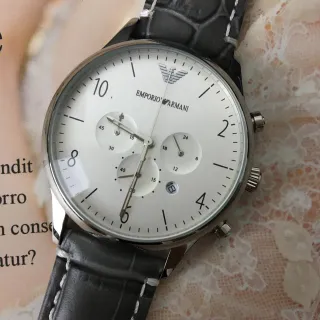 Emporio Armani 计时 白色表盘 黑色皮革表带 机械腕表