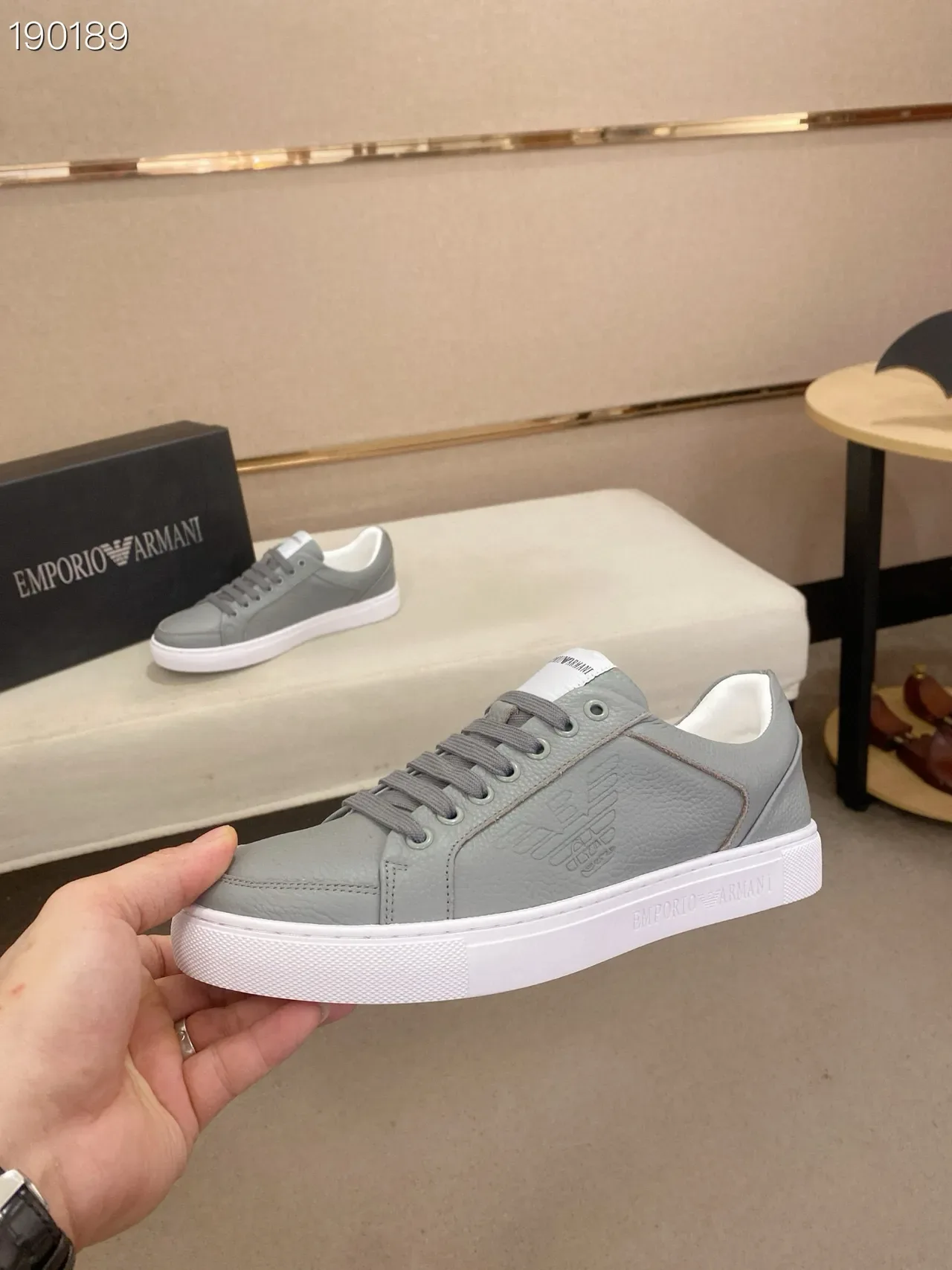 Emporio Armani Cinza Branco Low-Top Couro Texturizado Tênis Lifestyle 5
