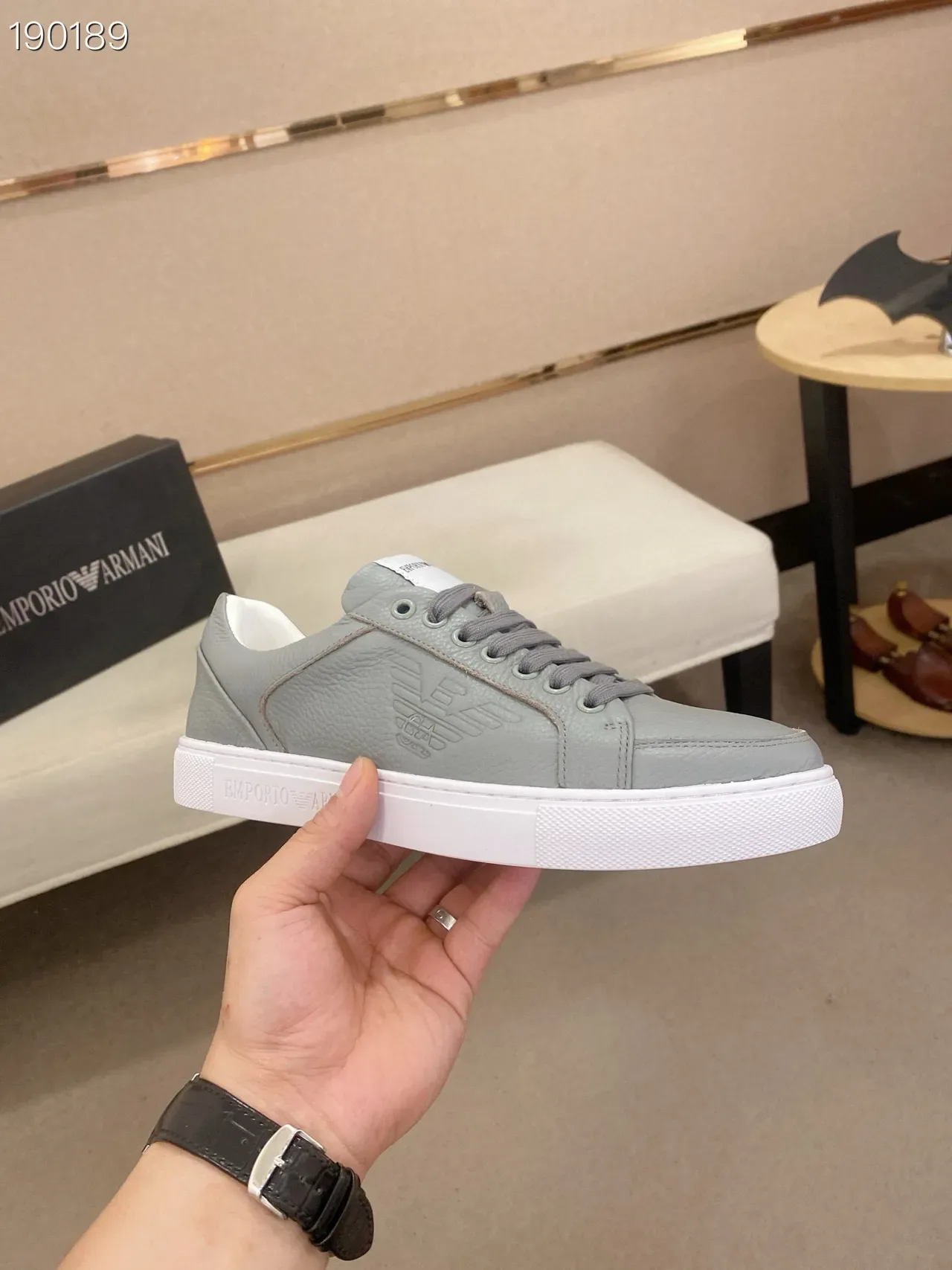 Emporio Armani Cinza Branco Low-Top Couro Texturizado Tênis Lifestyle 7