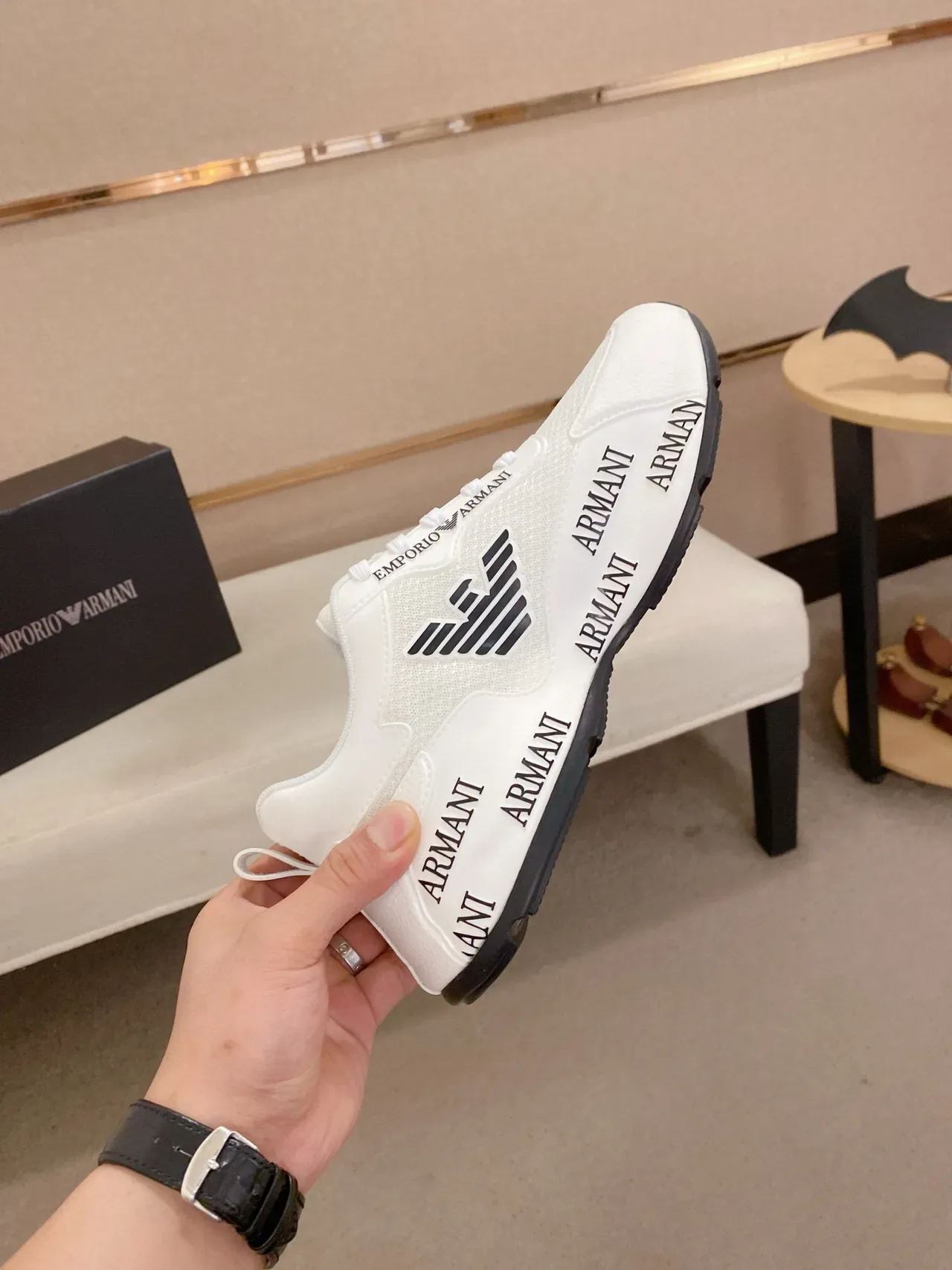 Emporio Armani Branco Preto Malha E Sintético Superior Tipografia Repetitiva No Solado Intermediário Tênis Lifestyle 5