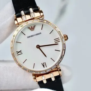 Emporio Armani सफेद काला गोलाकार क्रिस्टल-बेजल केस माँ-ओ-पर्ल डायल क्वार्ट्ज घड़ी