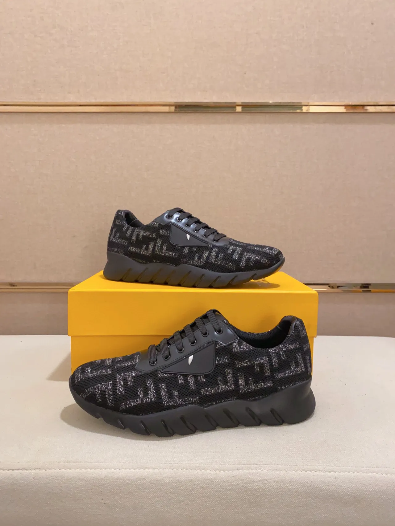 Fendi Black Gray Monogrammed Mesh Upper Sculpted Ridged Sole Chunky Sneakers 3