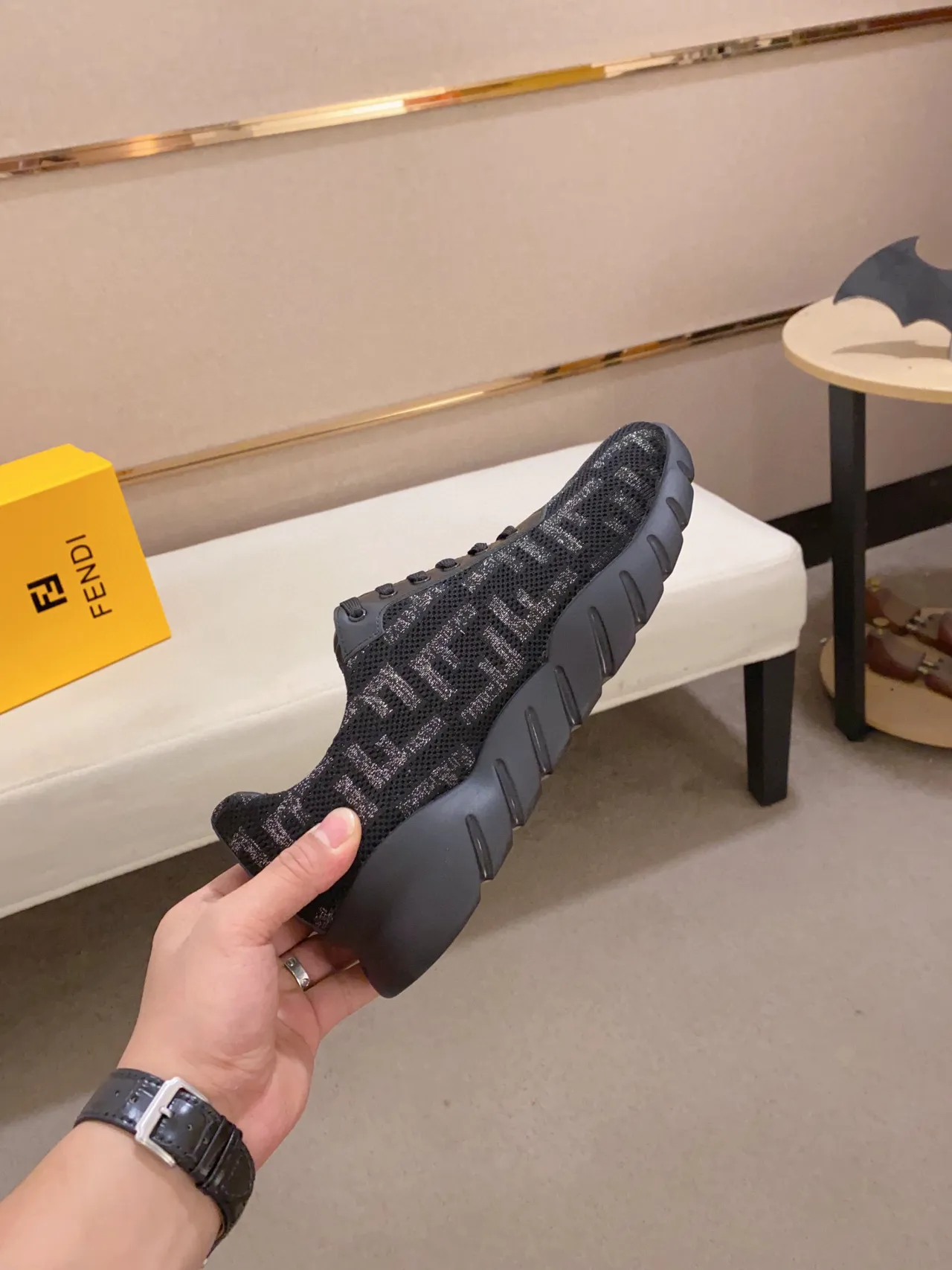 Fendi Black Gray Monogrammed Mesh Upper Sculpted Ridged Sole Chunky Sneakers 6