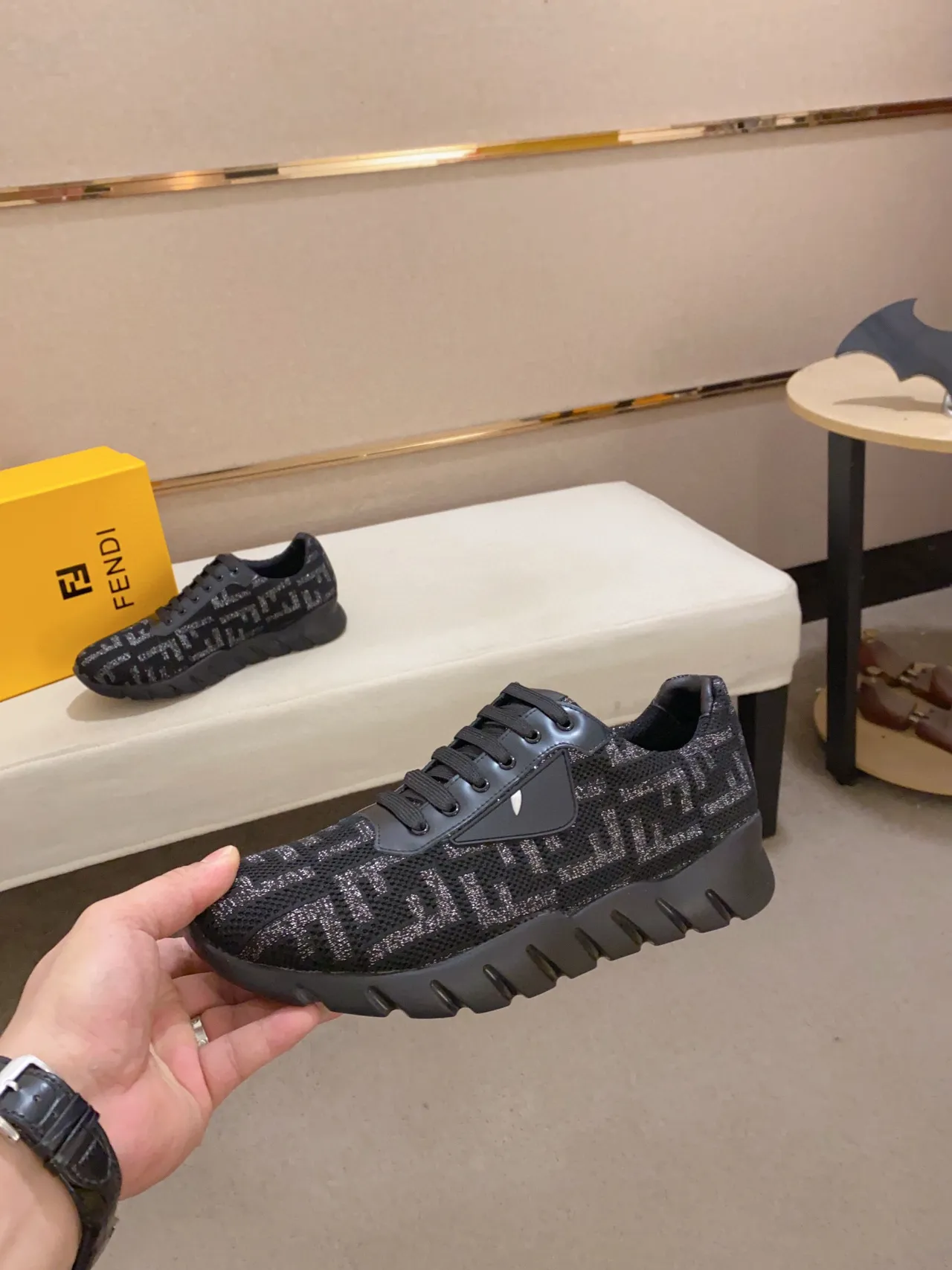 Fendi Black Gray Monogrammed Mesh Upper Sculpted Ridged Sole Chunky Sneakers 7