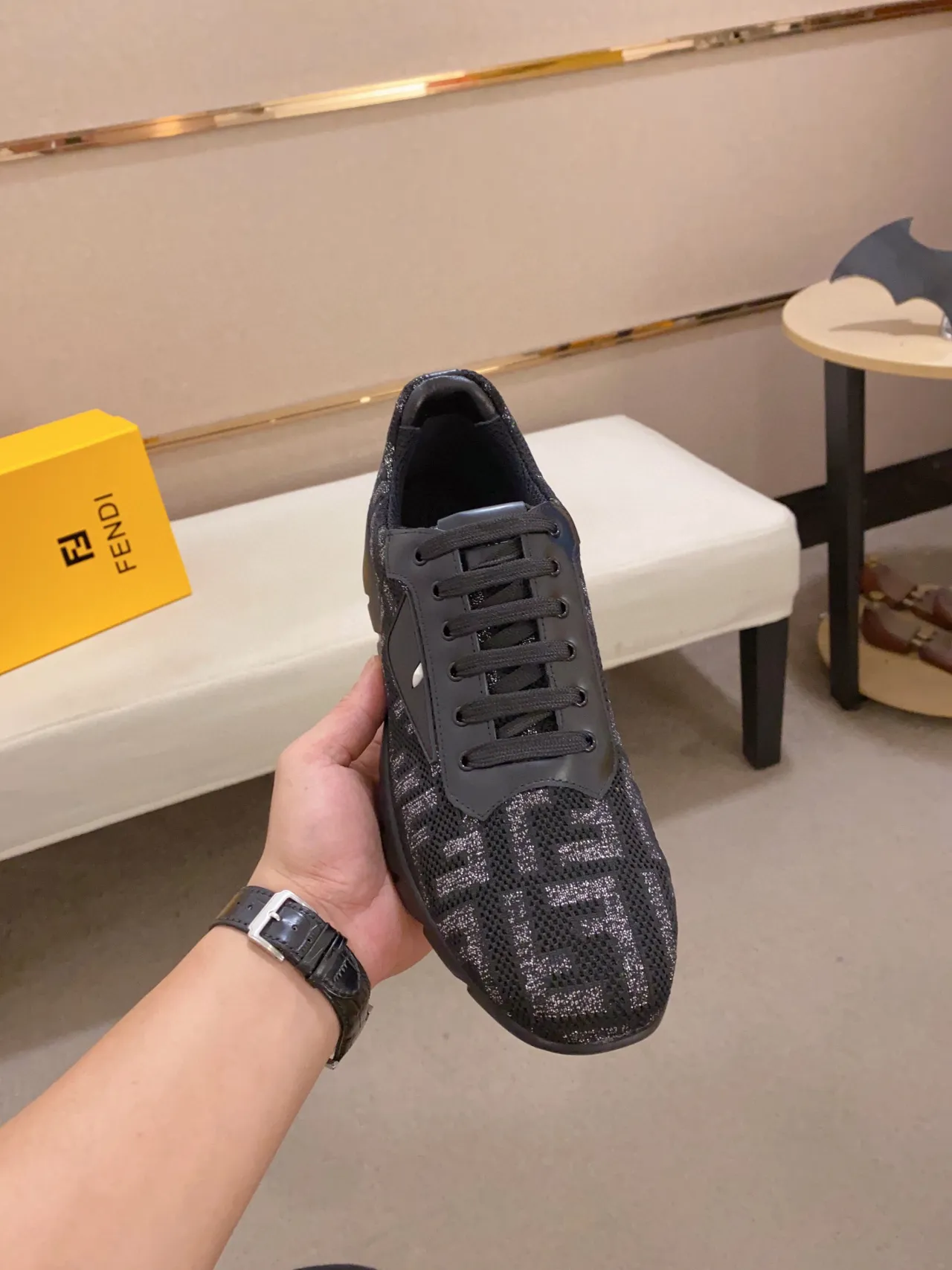 Fendi Black Gray Monogrammed Mesh Upper Sculpted Ridged Sole Chunky Sneakers 8