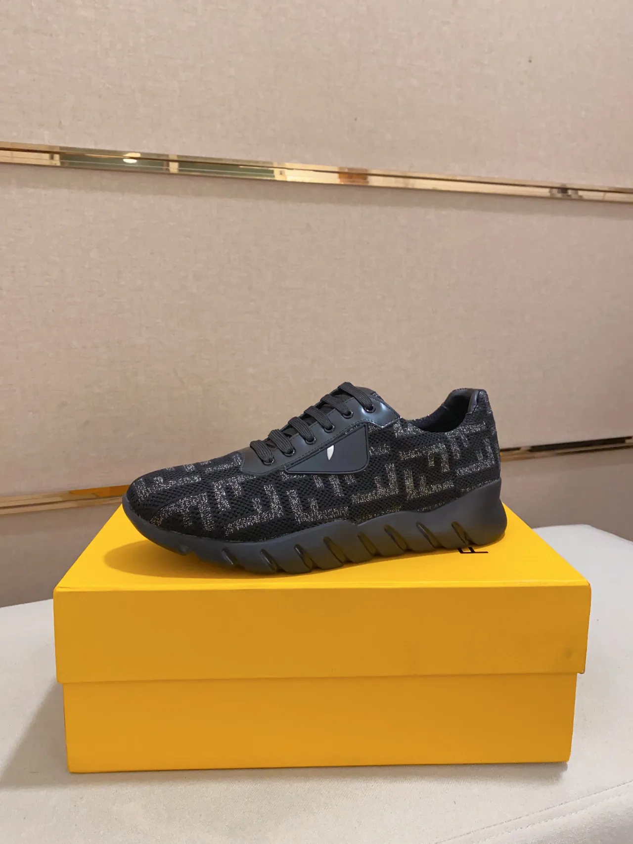 Fendi Black Gray Monogrammed Mesh Upper Sculpted Ridged Sole Chunky Sneakers 9