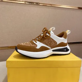 Fendi Marron Blanc FF Monogram Jacquard Daim et Synthétique Panneaux Baskets Épaisses