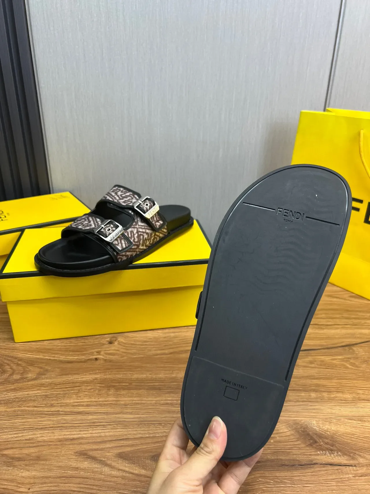 Fendi Double-Buckle Denim-Print Slide Slippers 2