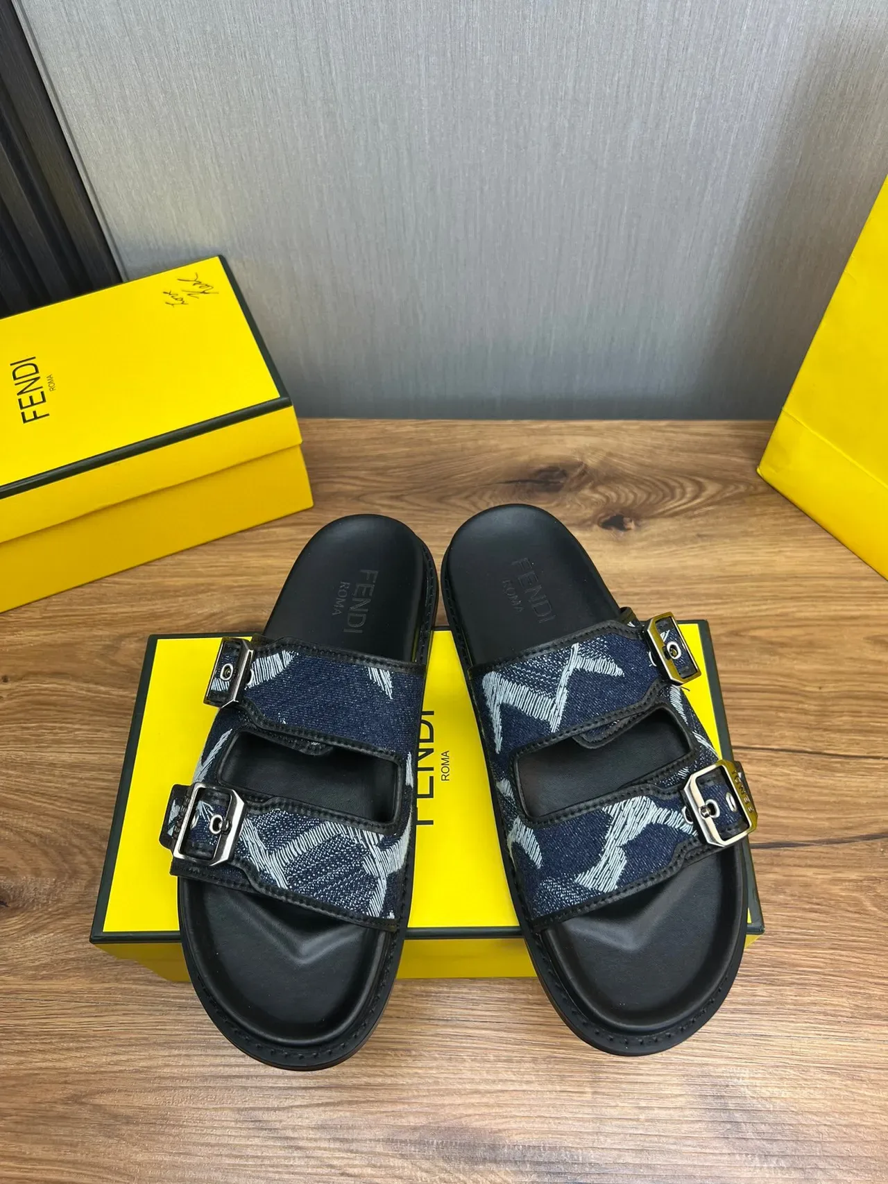 Fendi Double-Buckle Denim-Print Slide Slippers 3