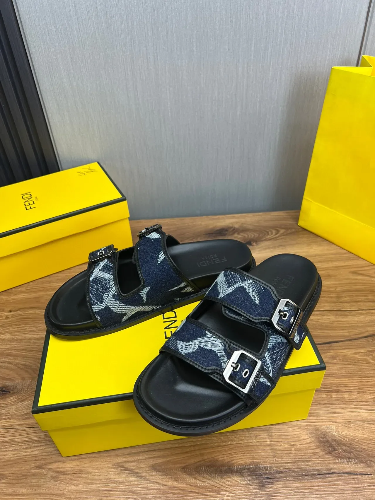 Fendi Double-Buckle Denim-Print Slide Slippers 4
