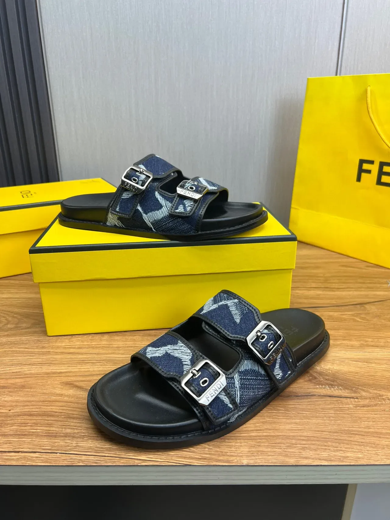 Fendi Double-Buckle Denim-Print Slide Slippers 5