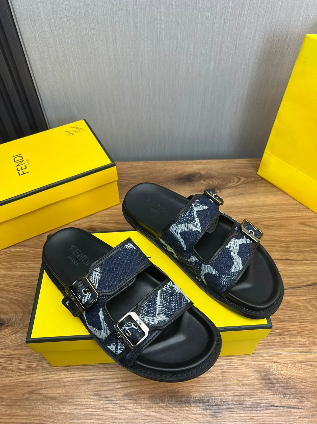 Fendi Double-Buckle Denim-Print Slide Slippers 6