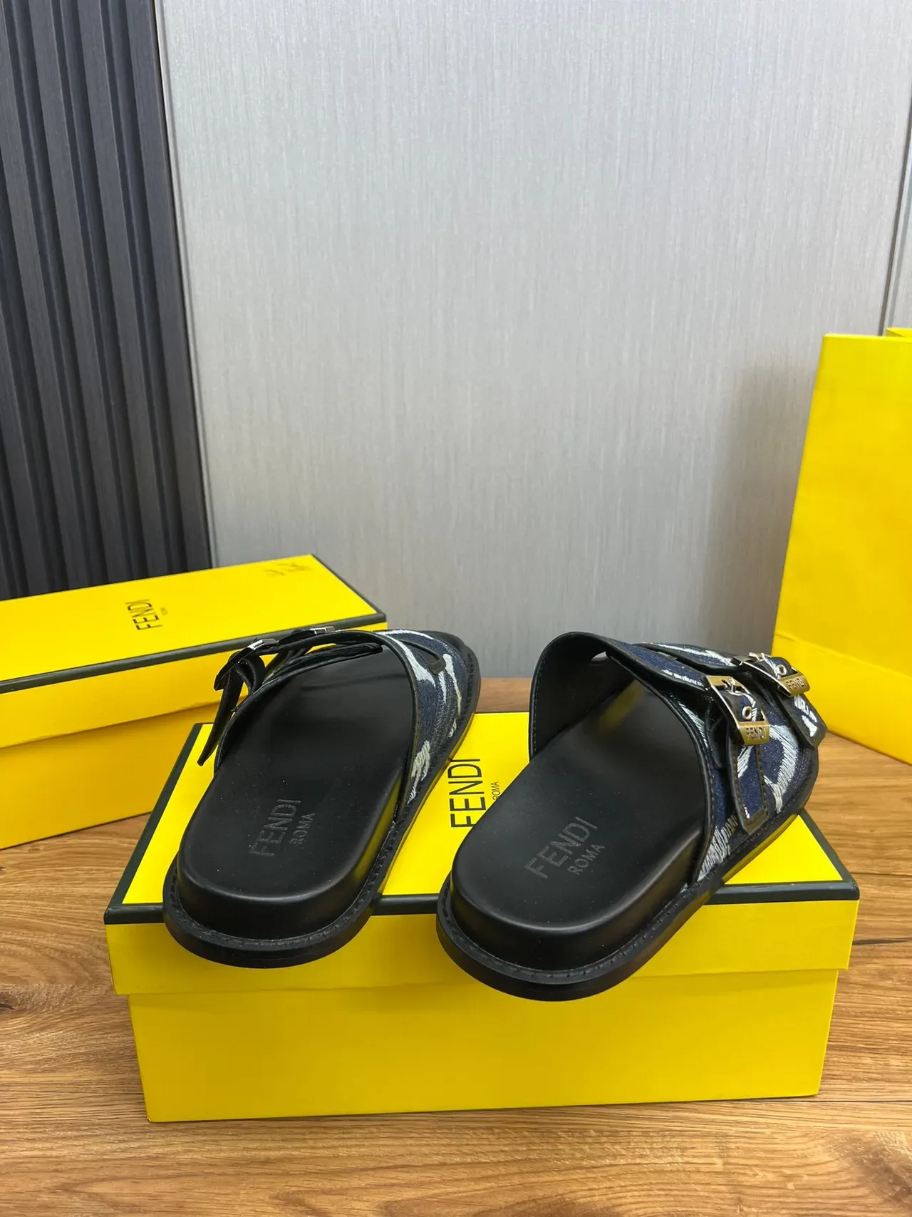 Fendi Double-Buckle Denim-Print Slide Slippers 7