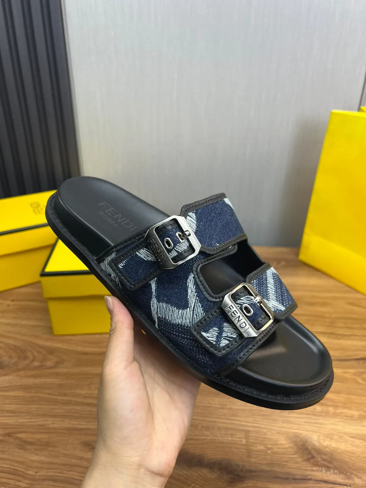 Fendi Double-Buckle Denim-Print Slide Slippers 8
