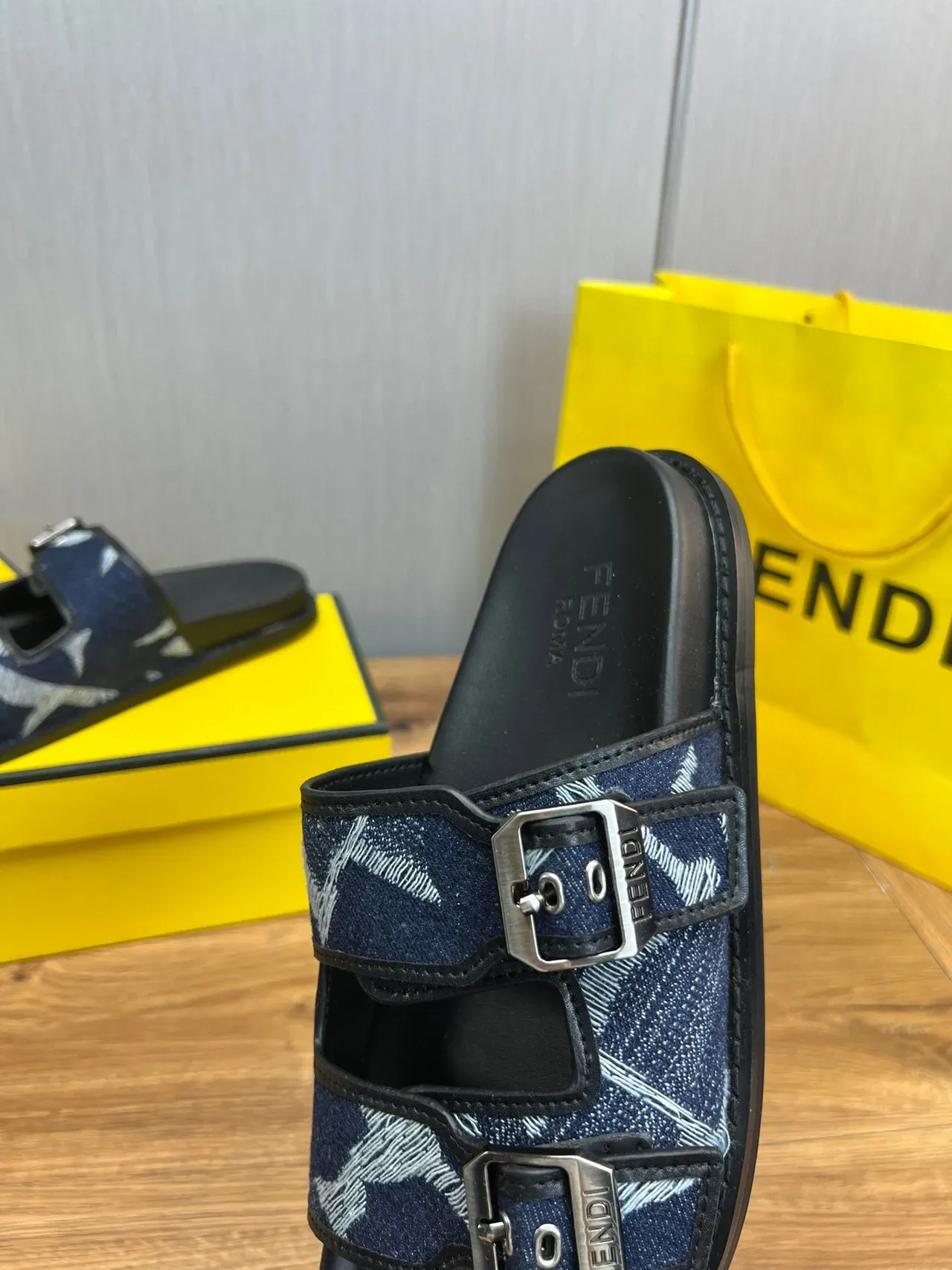 Fendi Double-Buckle Denim-Print Slide Slippers 9
