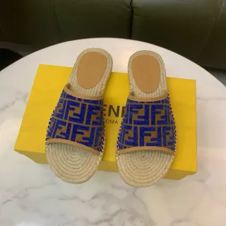 Fendi FF Espadrille Slides নীল বেইজ জ্যাকোয়ার্ড ফ্যাব্রিক জুট মোড়া জুতোর তলা জুতো