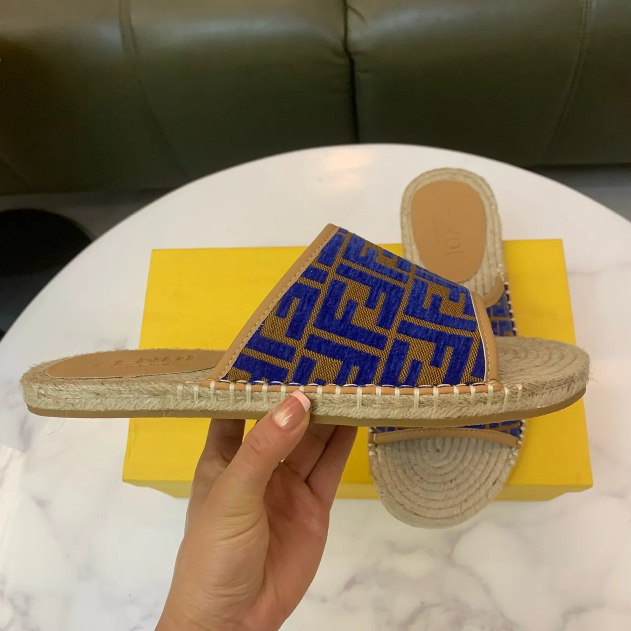 Fendi FF Espadrille Slides أزرق بيج قماش جاكار نعل مغلف بجوت نعال 6