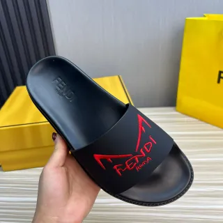 Fendi Slide কালো লাল মোল্ডেড রাবার সিঙ্গেল স্ট্র্যাপ চপ্পল