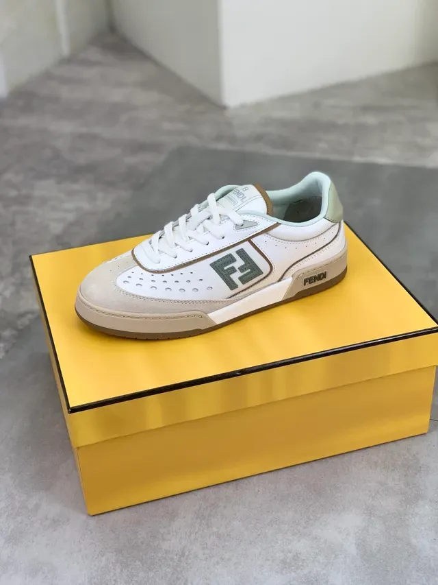 Fendi Sneakers White Beige Mint Green Perforated Leather Lifestyle Sneakers 4