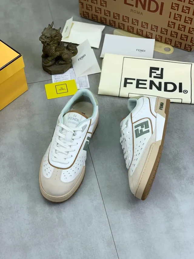 Fendi Sneakers White Beige Mint Green Perforated Leather Lifestyle Sneakers 5