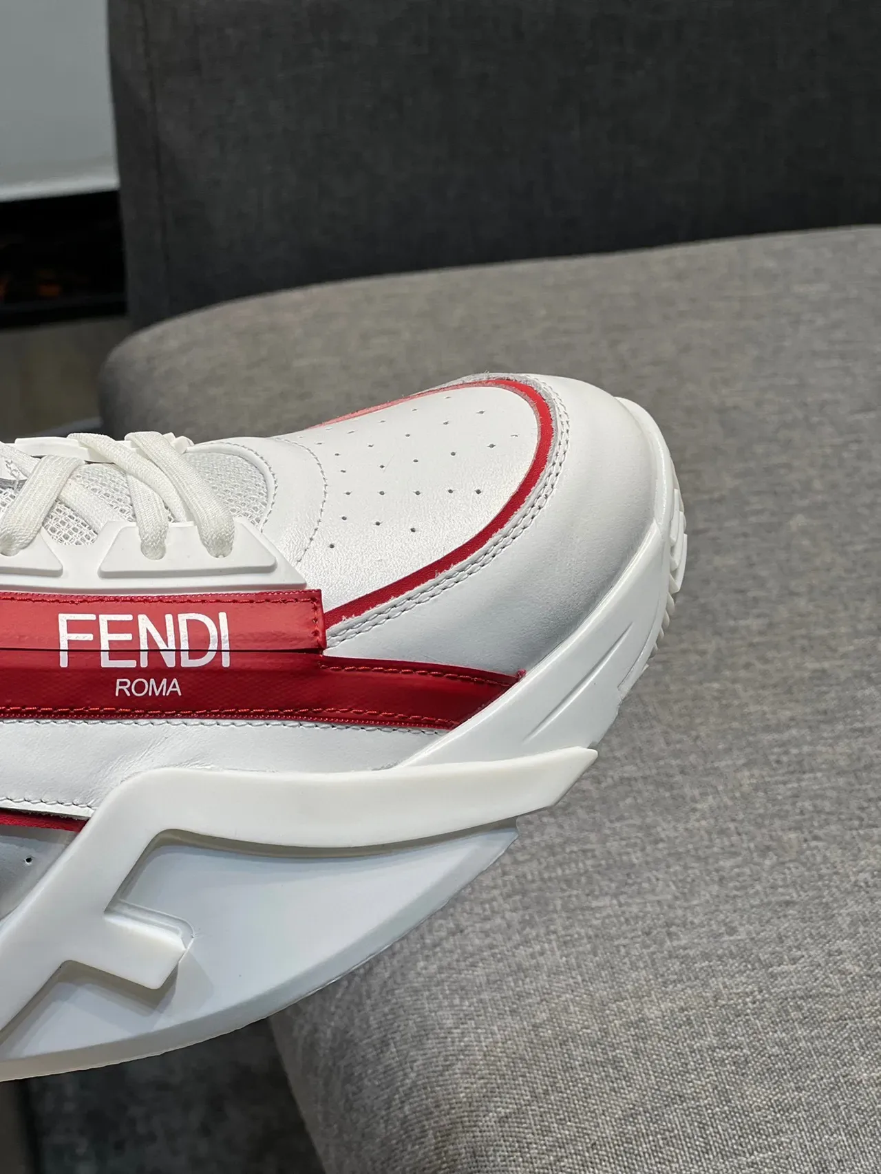 Fendi White Red Chunky Platform Sole Perforated Leather Upper Lifestyle Sneakers 3