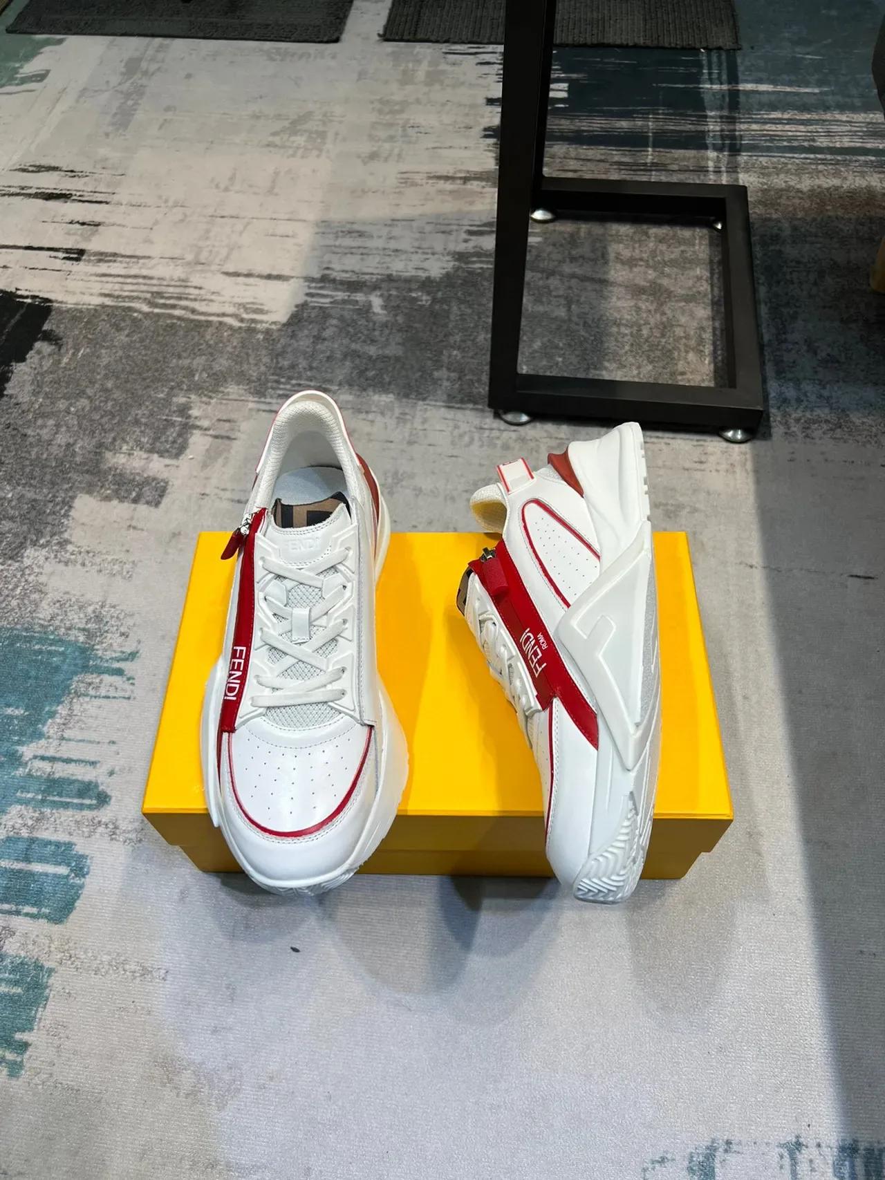 Fendi White Red Chunky Platform Sole Perforated Leather Upper Lifestyle Sneakers 4