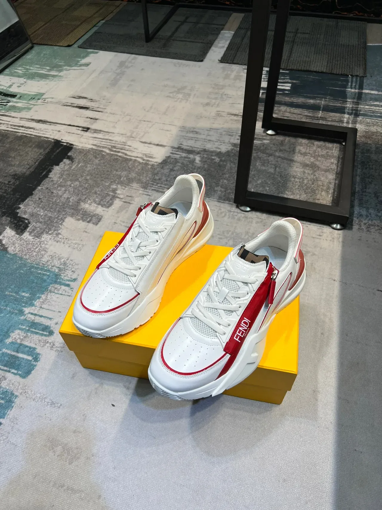 Fendi White Red Chunky Platform Sole Perforated Leather Upper Lifestyle Sneakers 5
