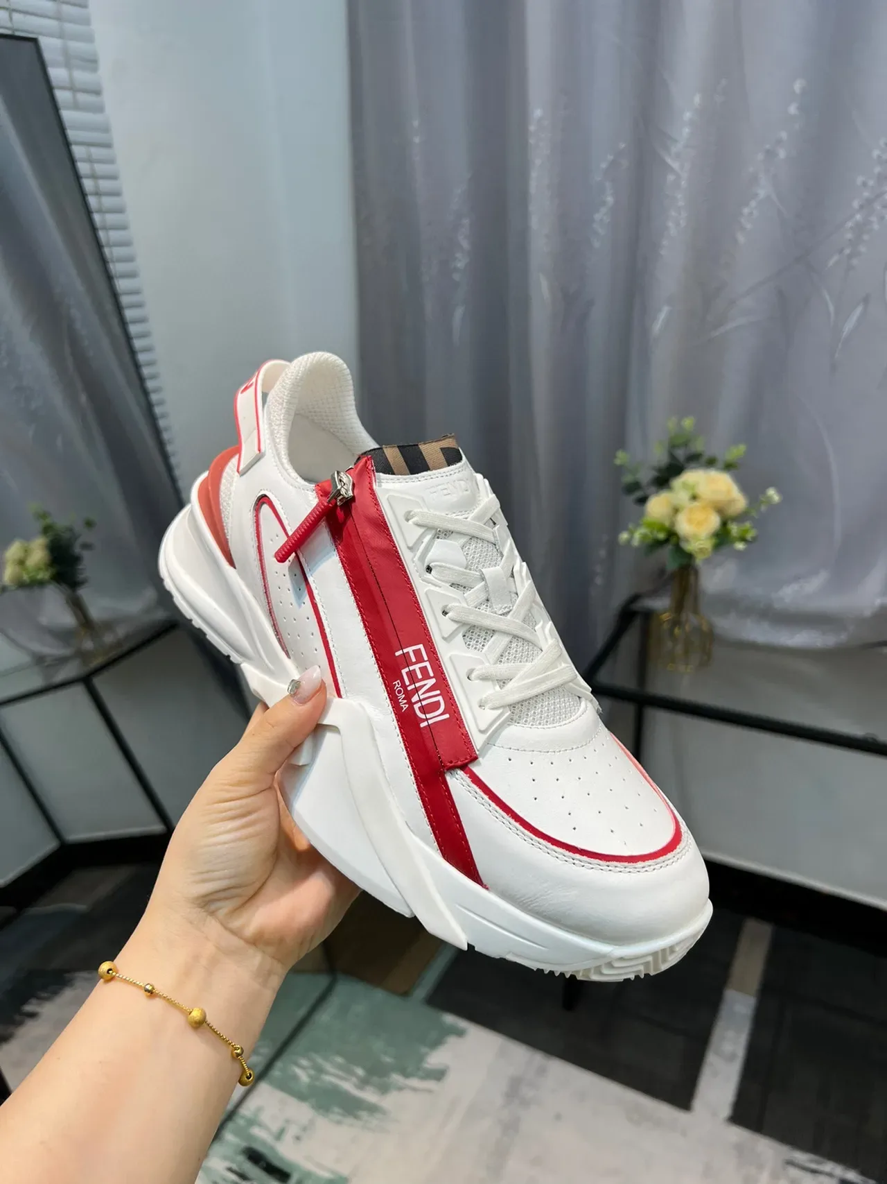 Fendi White Red Chunky Platform Sole Perforated Leather Upper Lifestyle Sneakers 6