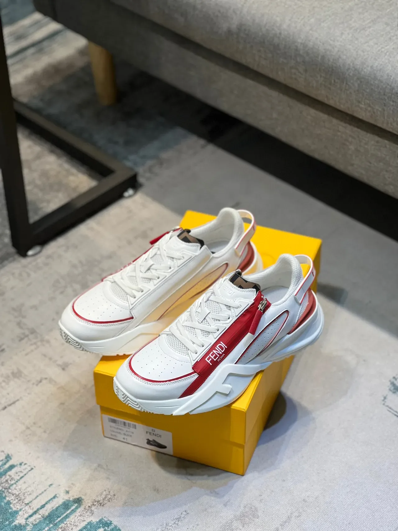 Fendi White Red Chunky Platform Sole Perforated Leather Upper Lifestyle Sneakers 7