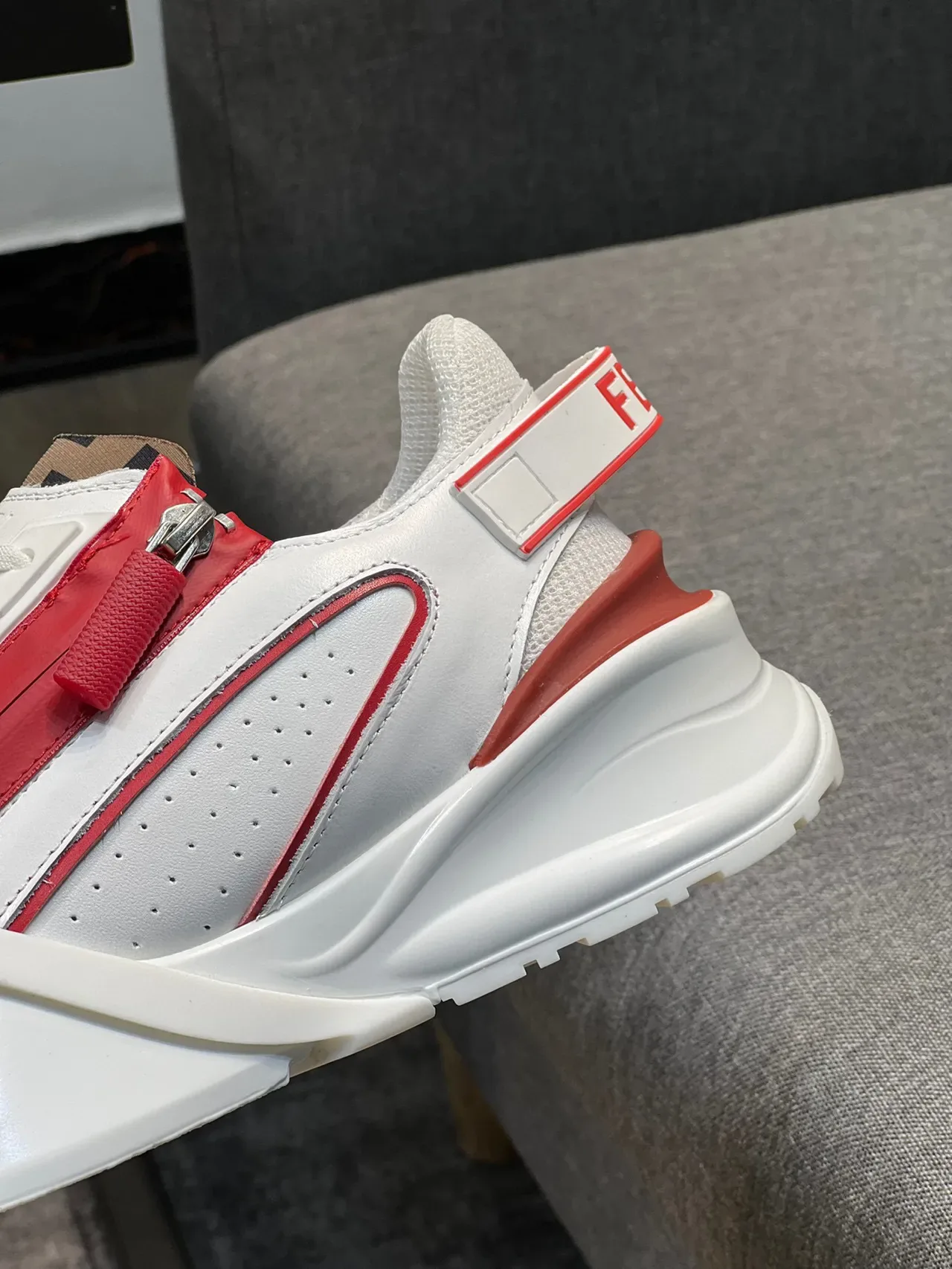 Fendi White Red Chunky Platform Sole Perforated Leather Upper Lifestyle Sneakers 8