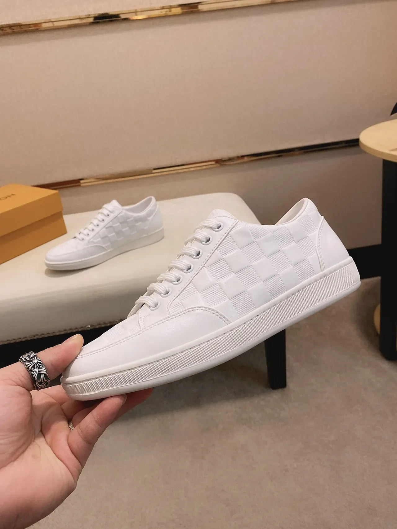 All-White Checkerboard-Panel Lifestyle Sneaker 7