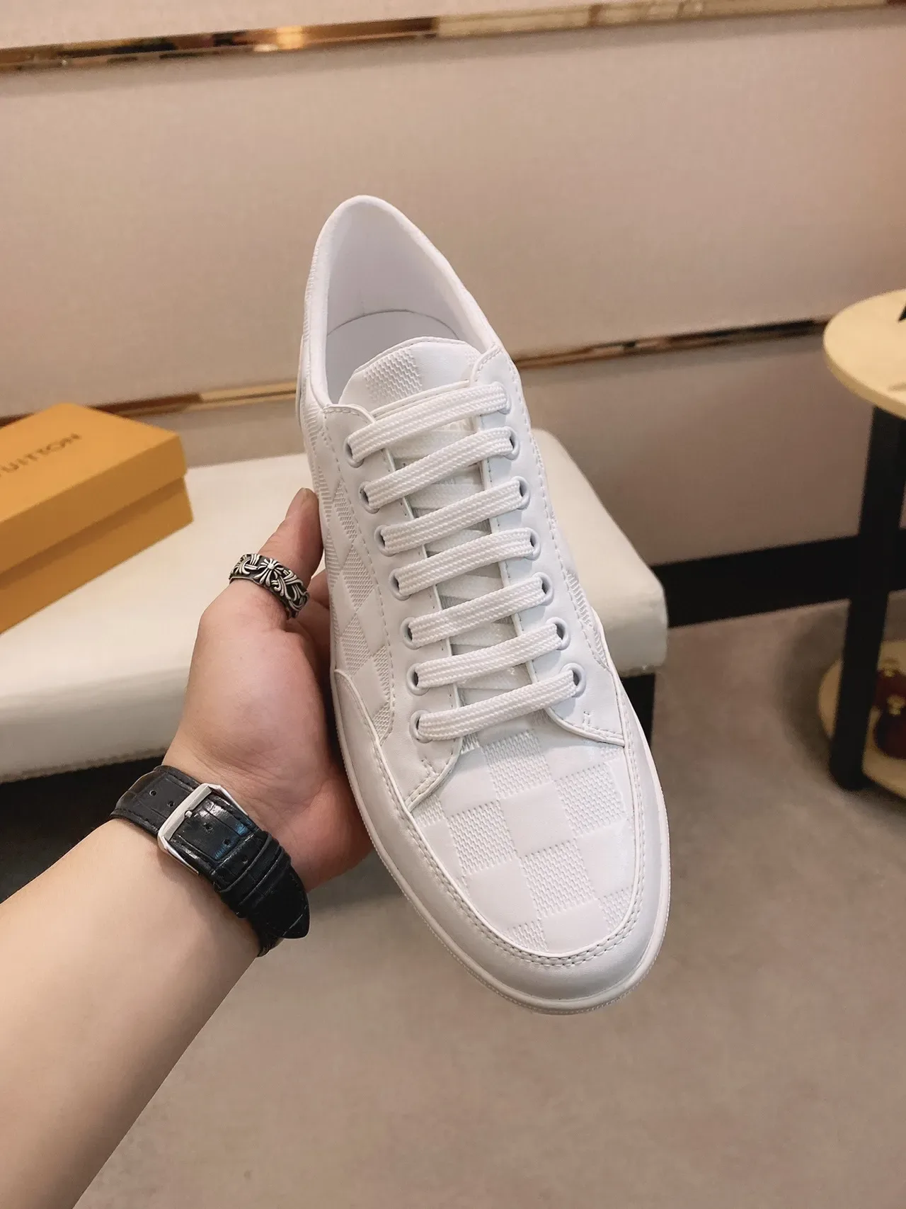 All-White Checkerboard-Panel Lifestyle Sneaker 9