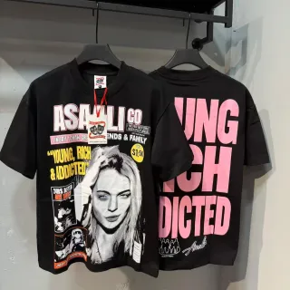 ASAWLI CO Camiseta negra con estampado gráfico Young Rich & Addicted
