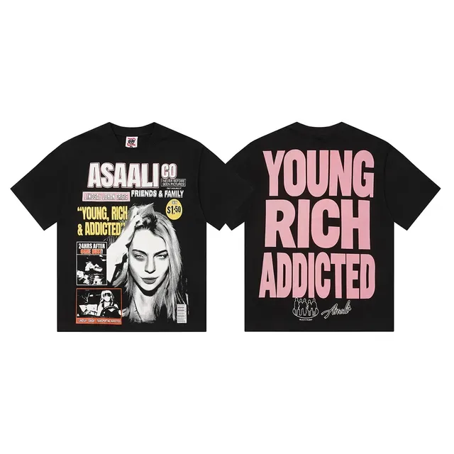 ASAWLI CO T-shirt noir à imprimé graphique Young Rich & Addicted 2