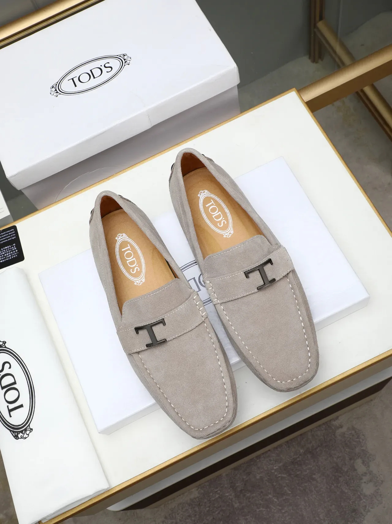Beige Black Suede Upper Metal Buckle Strap Loafer 2