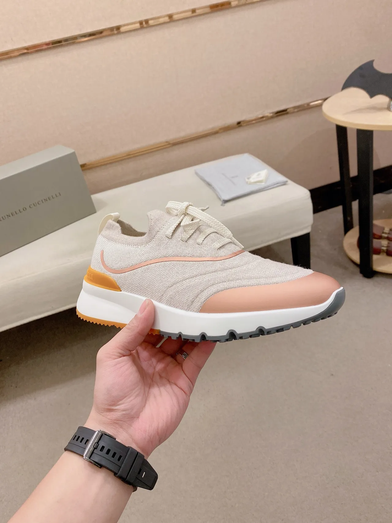 Beige Orange Knit Sock-Like Upper Sculpted Layered Midsole Sneakers 5