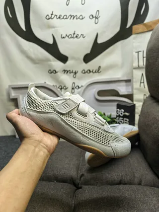 Beige White Laceless Hook-and-Loop Strap Closure Breathable Perforated Mesh Upper Sneakers 5