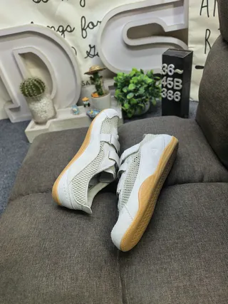 Beige White Laceless Hook-and-Loop Strap Closure Breathable Perforated Mesh Upper Sneakers 6