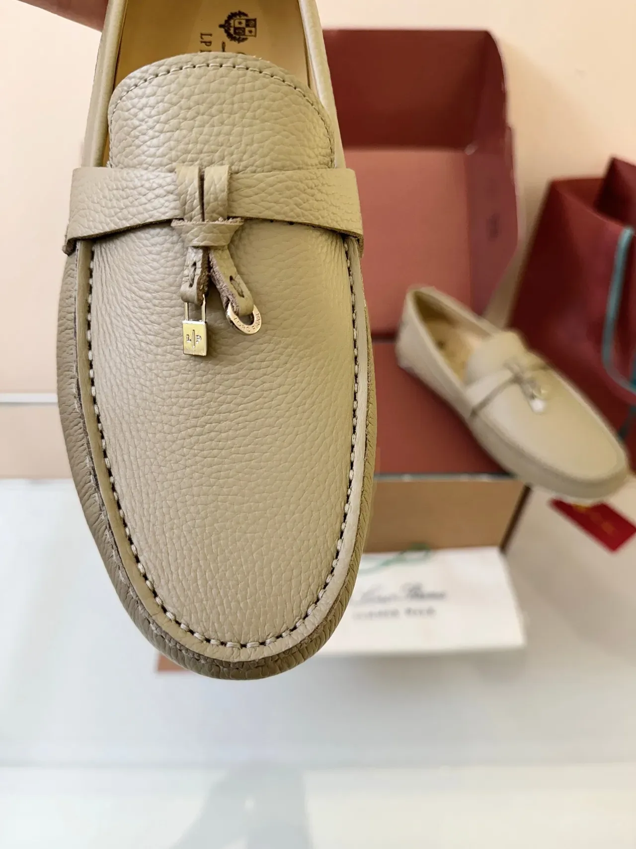 Beige White Pebbled Leather Moccasin-Stitched Vamp Loafer 3