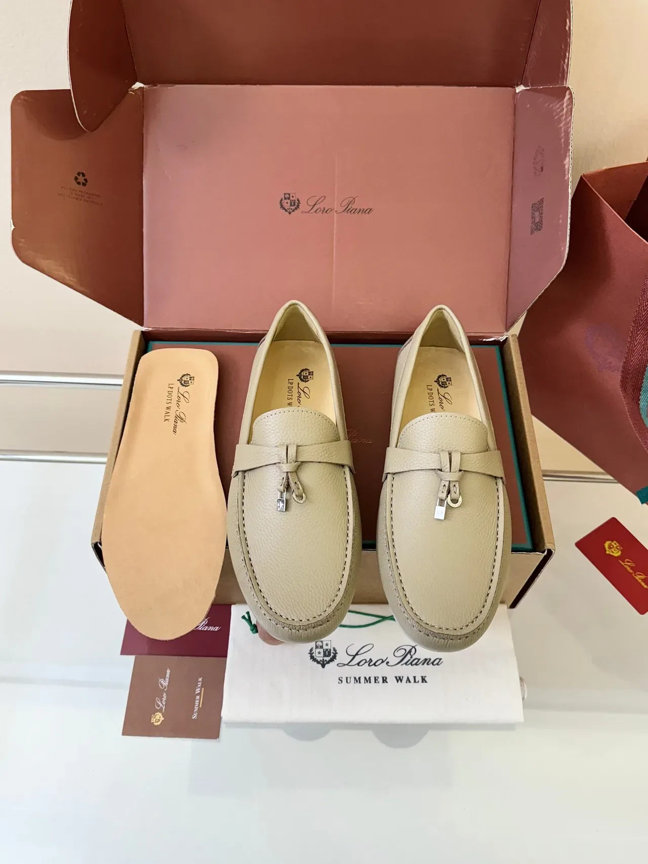 Beige White Pebbled Leather Moccasin-Stitched Vamp Loafer 6