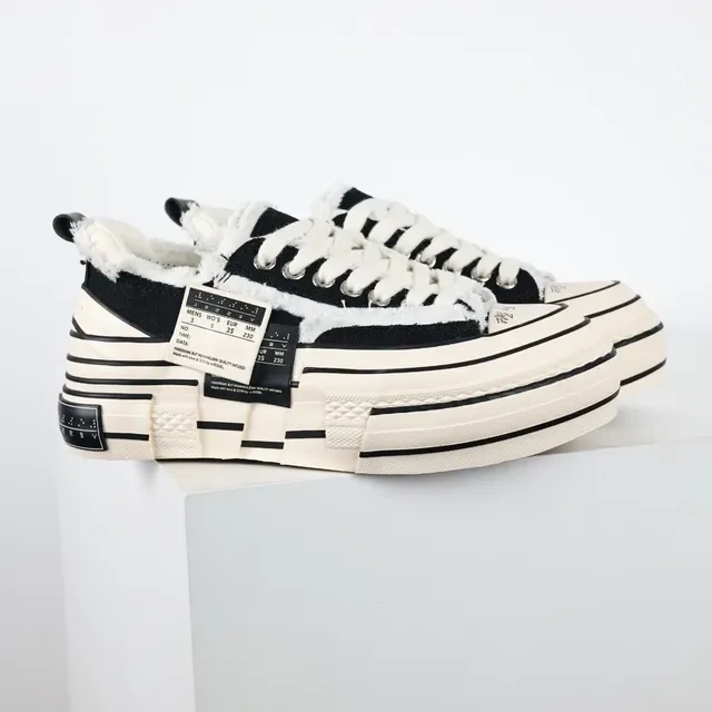 Black and Cream Deconstructed Canvas Platform Sneakers 3