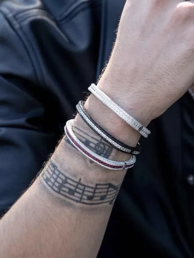 Black and Silver Pavé Double-Row Rigid Bangle Bracelet 2