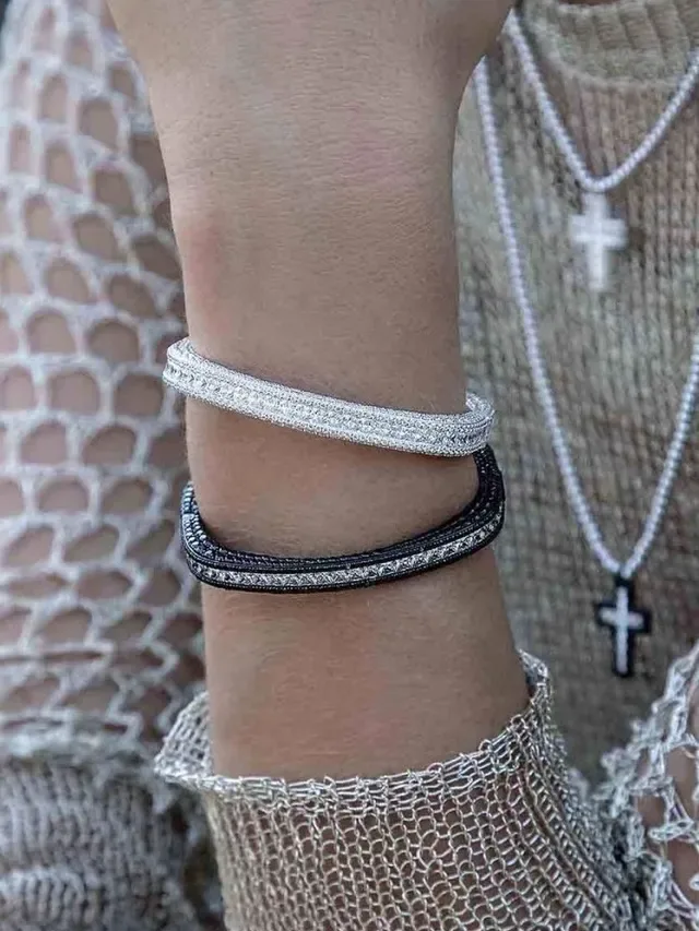 Black and Silver Pavé Double-Row Rigid Bangle Bracelet 3