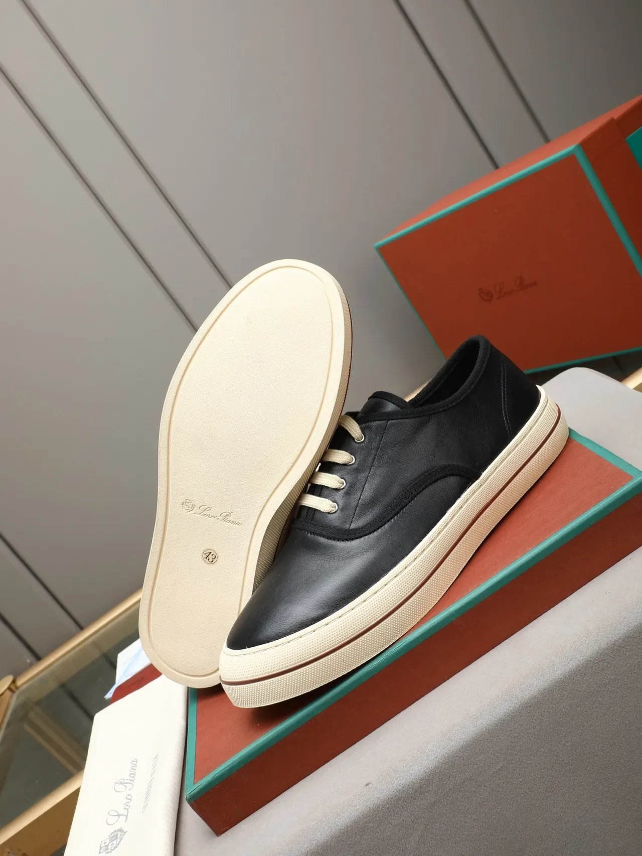 Preto Beige Couro Superior Sola Borracha Creme Tênis Casual 4