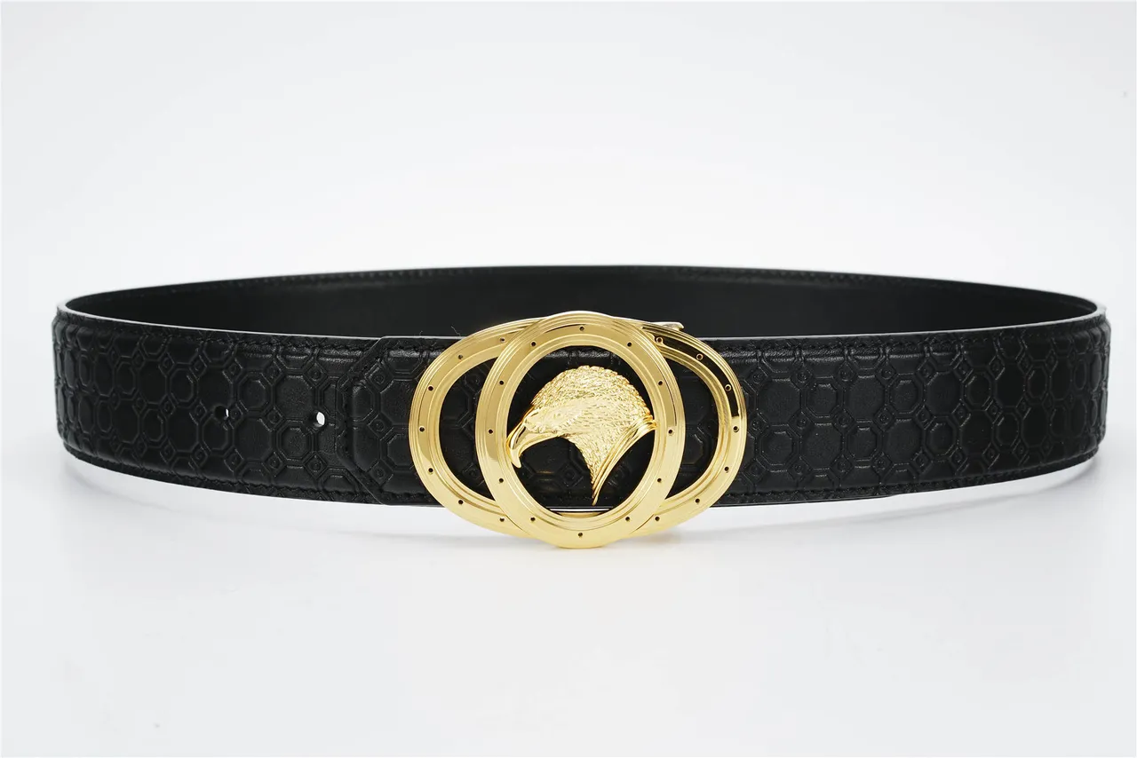 Black Gold Hexagonal Embossed Dual-Ring Buckle Leather Belt 8