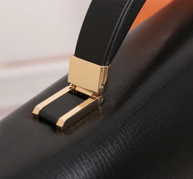 Black Gold Structured Leather-Like Exterior Combination Lock Clasp Handbag 2
