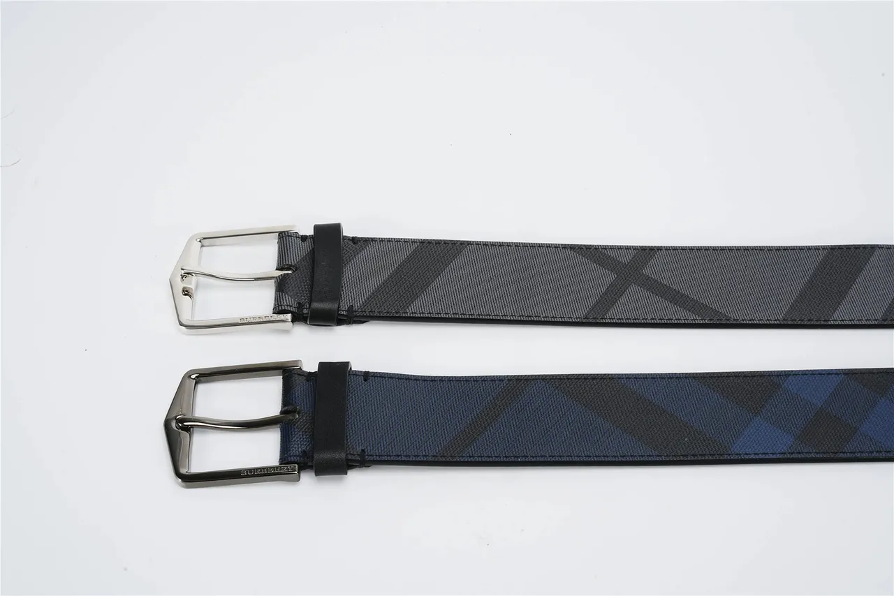 Black Gray Diagonal Check Fabric Trim Leather Belt 3
