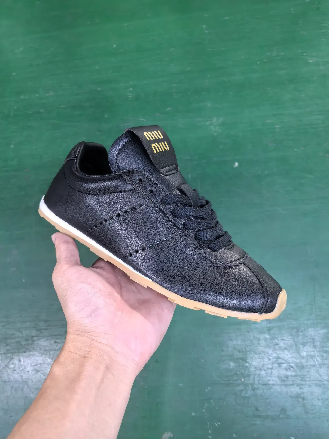 Black Leather Perforated Retro Runner Sneaker 2